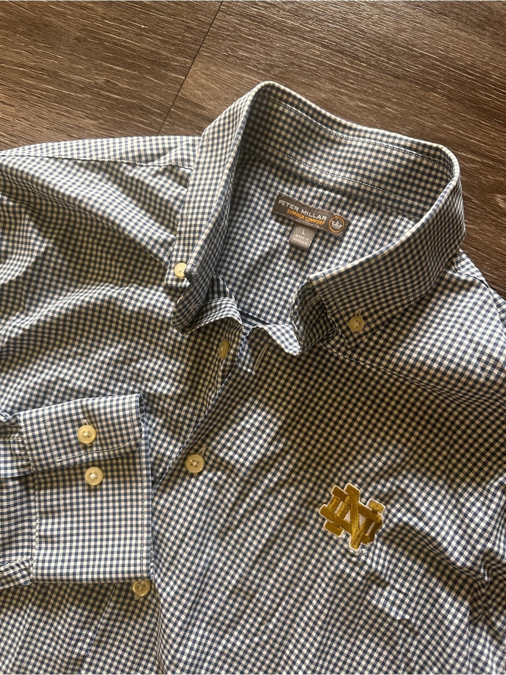 Peter Millar Notre Dame L  Blue Check Long Sleeve Button Down Summer Comfort
